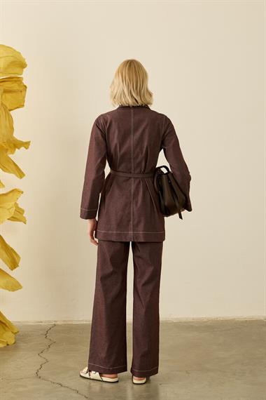 Belly Kontrast Dikiş Detaylı Pantolonlu Takım KAHVERENGİ