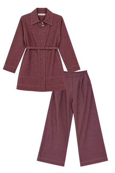 Belly Kontrast Dikiş Detaylı Pantolonlu Takım MÜRDÜM
