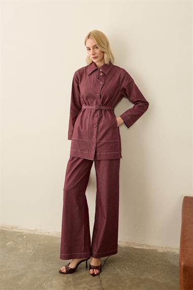 Belly Kontrast Dikiş Detaylı Pantolonlu Takım MÜRDÜM