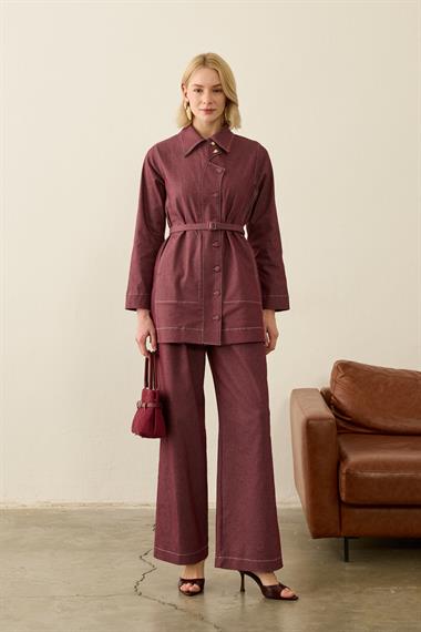 Belly Kontrast Dikiş Detaylı Pantolonlu Takım MÜRDÜM