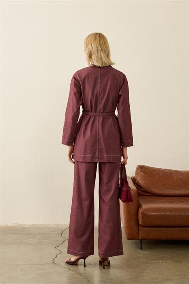 Belly Kontrast Dikiş Detaylı Pantolonlu Takım MÜRDÜM