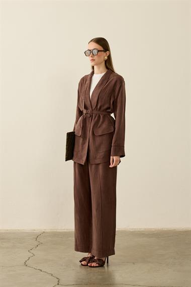 Celine Ceketli Fleto Detaylı Pantolonlu Takım KAHVERENGİ
