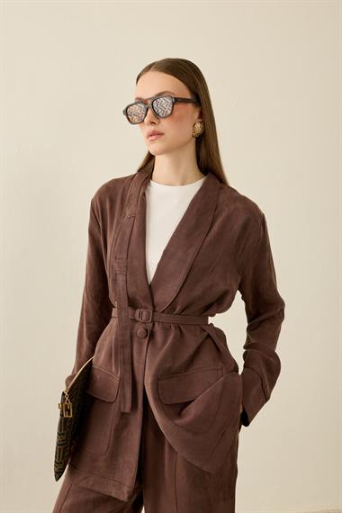 Celine Ceketli Fleto Detaylı Pantolonlu Takım KAHVERENGİ