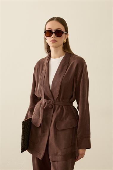 Celine Ceketli Fleto Detaylı Pantolonlu Takım KAHVERENGİ