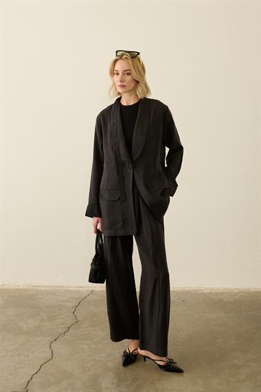 Celine Ceketli Fleto Detaylı Pantolonlu Takım SİYAH