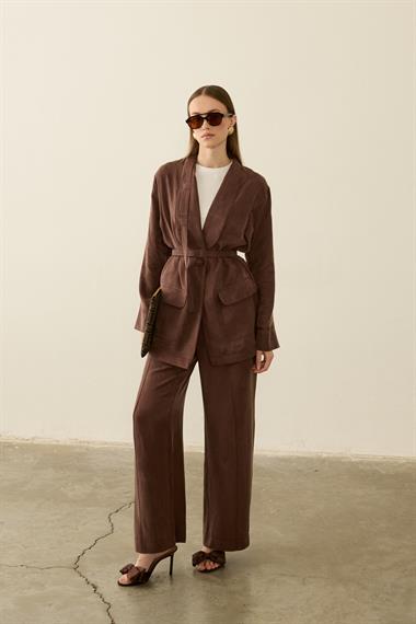 Celine Ceketli Fleto Detaylı Pantolonlu Takım KAHVERENGİ