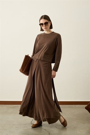 Chelsea Asimetrik Örme Rayon Etekli Takım KAHVERENGİ