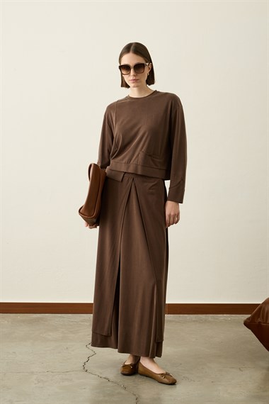 Chelsea Asimetrik Örme Rayon Etekli Takım KAHVERENGİ