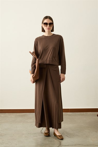 Chelsea Asimetrik Örme Rayon Etekli Takım KAHVERENGİ