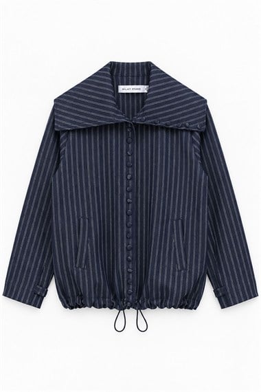 Coco Düğmeli Fleto Cepli Çizgili Denim Bomber LACİVERT