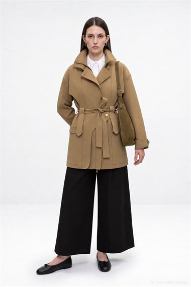 Cool Dik Yaka Belden Kuşaklı Pamuklu Parka CAMEL