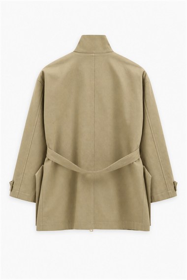 Cool Dik Yaka Belden Kuşaklı Pamuklu Parka CAMEL