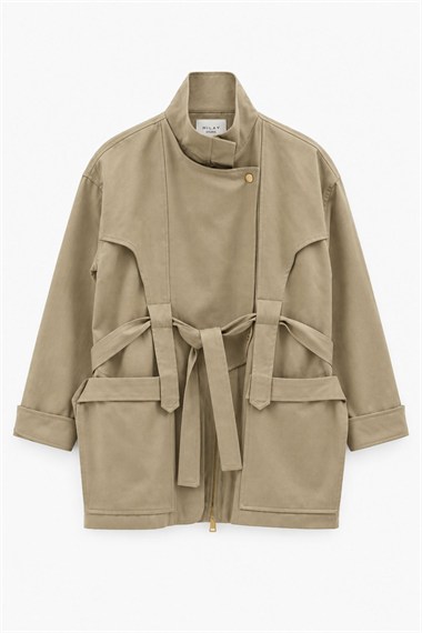 Cool Dik Yaka Belden Kuşaklı Pamuklu Parka CAMEL