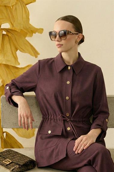 Cozy Düğmeli Beli Tünel Kuşaklı Tencel Kap MÜRDÜM