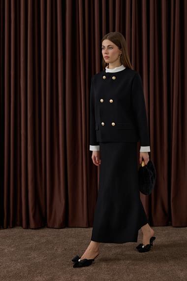 Crystal Çift Renk Kruvaze Triko Etekli Takım SİYAH