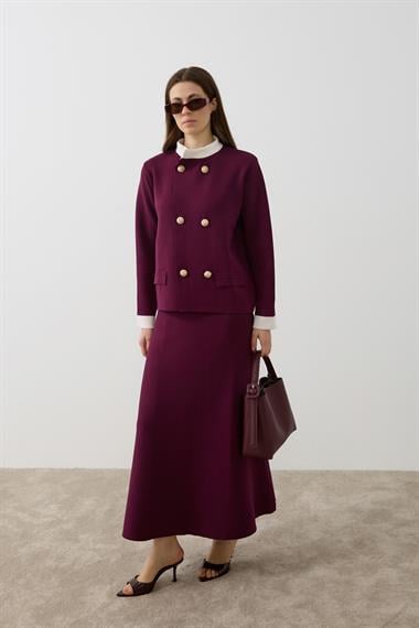 Crystal Çift Renk Kruvaze Triko Etekli Takım MÜRDÜM