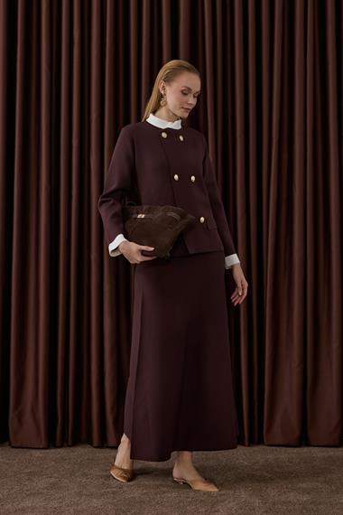 Crystal Çift Renk Kruvaze Triko Etekli Takım KAHVERENGİ