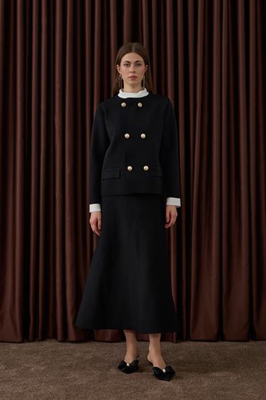 Crystal Çift Renk Kruvaze Triko Etekli Takım SİYAH