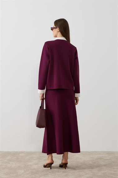 Crystal Çift Renk Kruvaze Triko Etekli Takım MÜRDÜM