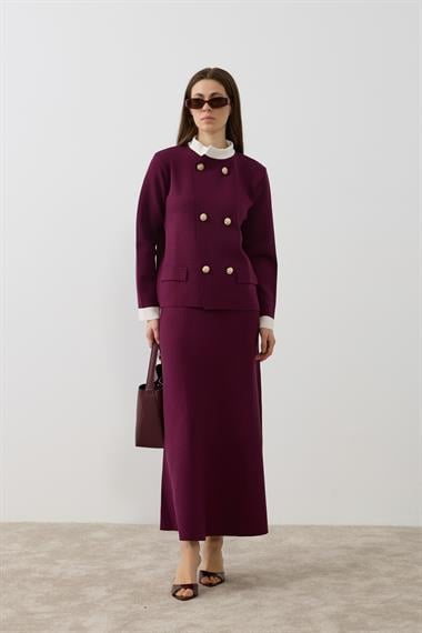 Crystal Çift Renk Kruvaze Triko Etekli Takım MÜRDÜM