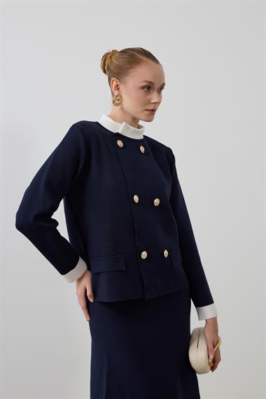 Crystal Çift Renk Kruvaze Triko Etekli Takım LACİVERT