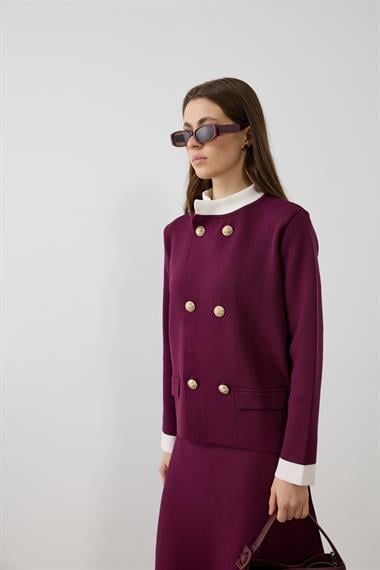 Crystal Çift Renk Kruvaze Triko Etekli Takım MÜRDÜM