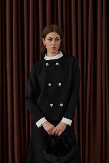 Crystal Çift Renk Kruvaze Triko Etekli Takım SİYAH