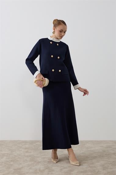 Crystal Çift Renk Kruvaze Triko Etekli Takım LACİVERT