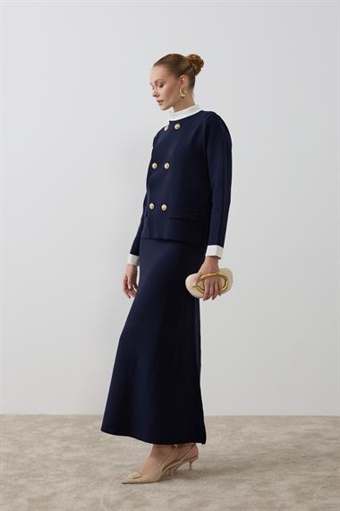 Crystal Çift Renk Kruvaze Triko Etekli Takım LACİVERT