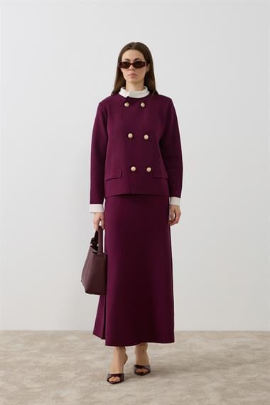 Crystal Çift Renk Kruvaze Triko Etekli Takım MÜRDÜM