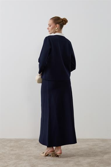 Crystal Çift Renk Kruvaze Triko Etekli Takım LACİVERT