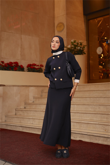 Crystal Çift Renk Kruvaze Triko Etekli Takım LACİVERT