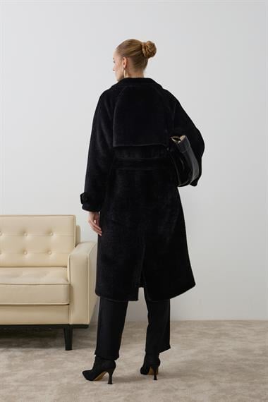 Danish Düğmeli Kuşaklı Kaban SİYAH