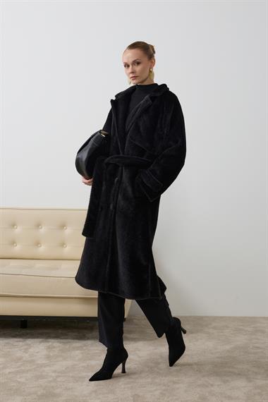 Danish Düğmeli Kuşaklı Kaban SİYAH