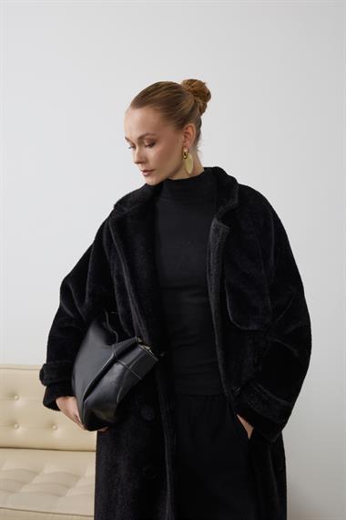 Danish Düğmeli Kuşaklı Kaban SİYAH