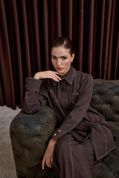 Denis Dikiş Detaylı Pantolonlu Takım KAHVERENGİ