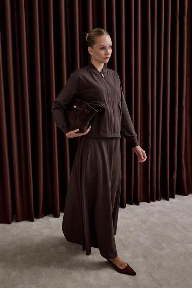 Doha Fermuarlı Ribanalı Etekli Takım KAHVERENGİ