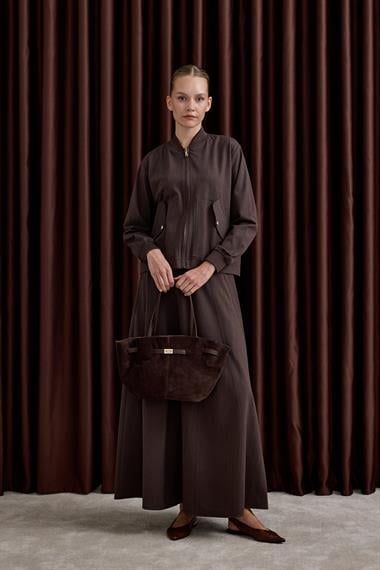 Doha Fermuarlı Ribanalı Etekli Takım KAHVERENGİ