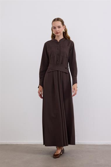 Dore Kendinden Kemerli Elbise KAHVERENGİ