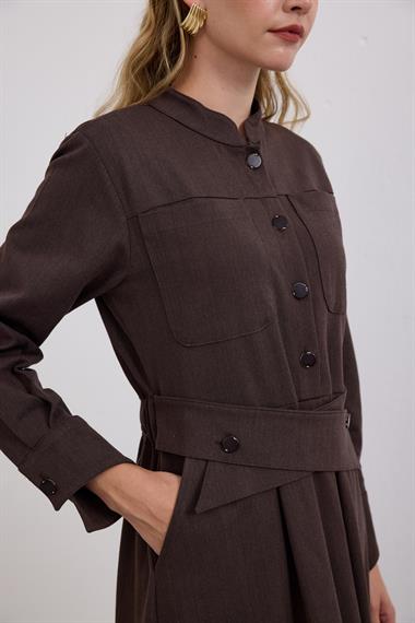 Dore Kendinden Kemerli Elbise KAHVERENGİ