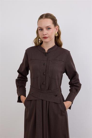 Dore Kendinden Kemerli Elbise KAHVERENGİ