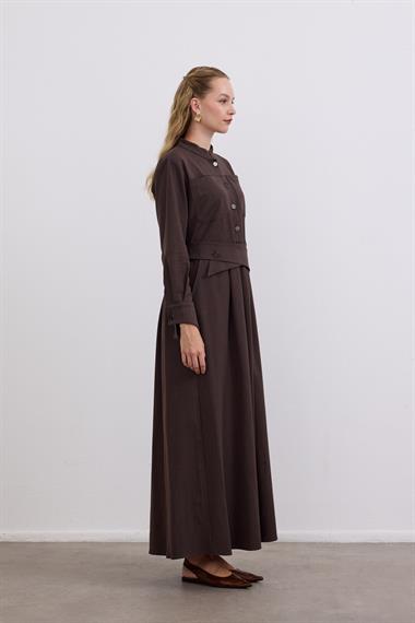 Dore Kendinden Kemerli Elbise KAHVERENGİ