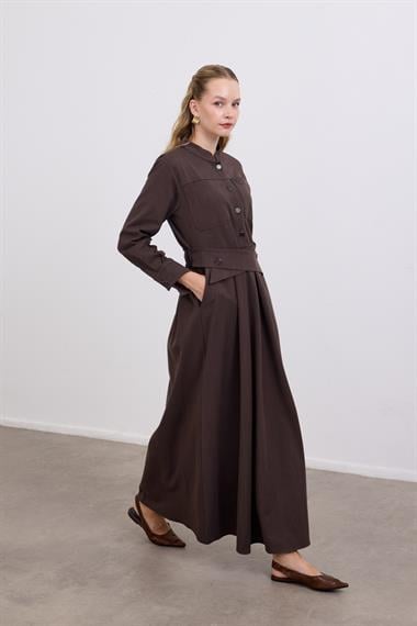 Dore Kendinden Kemerli Elbise KAHVERENGİ