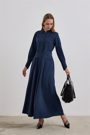 Dore Kendinden Kemerli Elbise LACİVERT