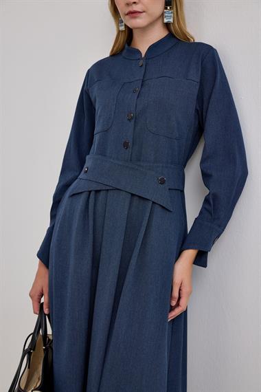 Dore Kendinden Kemerli Elbise LACİVERT