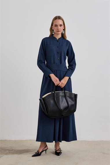 Dore Kendinden Kemerli Elbise LACİVERT