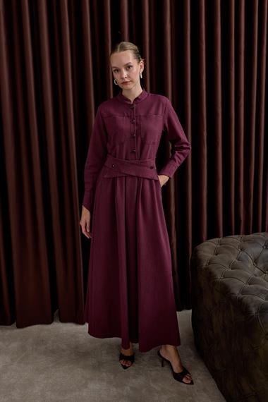 Dore Kendinden Kemerli Elbise MÜRDÜM