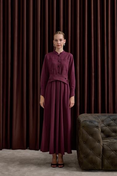 Dore Kendinden Kemerli Elbise MÜRDÜM