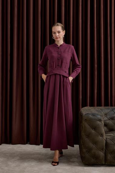 Dore Kendinden Kemerli Elbise MÜRDÜM