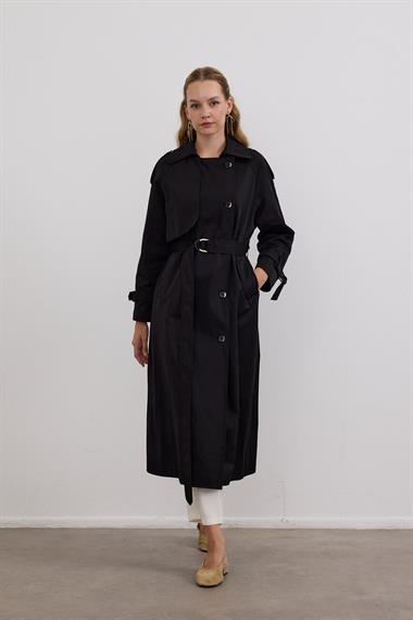 Dream Düğmeli Gold Kemerli Trençkot SİYAH